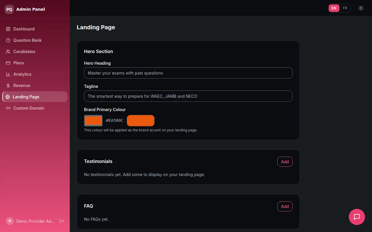 The Landing Page editor